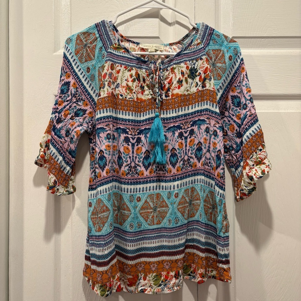 Farmers Market Multicolor Patterned Shirt Sleeve Blouse - Size Petite Large